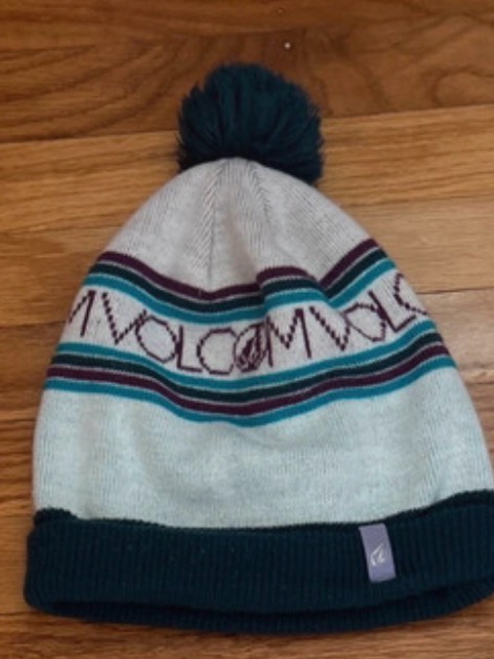 Volcom Light Gray Beanie with Teal, Maroon & Dark Green Pom